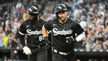 May 9, 2022; Chicago, Illinois, USA; Chicago White Sox right fielder Gavin Sheets (32) with Chicago White Sox center fielder Luis Robert (88) after he hits a three run home run against the Cleveland Guardians at Guaranteed Rate Field. Mandatory Credit: Matt Marton-USA TODAY Sports