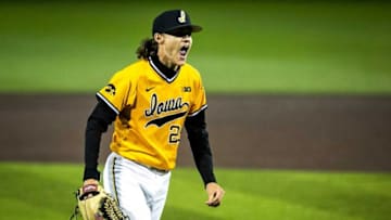 Iowa pitcher Ben Beutel reacts after throwing a strikeout during a NCAA Big Ten Conference baseball game against Indiana, Saturday, May 21, 2022, at Duane Banks Field in Iowa City, Iowa.220521 Indiana Iowa Bsb 034 Jpg