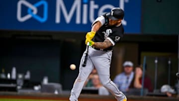 Aug 7, 2022; Arlington, Texas, USA; Chicago White Sox third baseman Yoan Moncada (10) bats against the Texas Rangers during the sixth inning at Globe Life Field. Mandatory Credit: Jerome Miron-USA TODAY Sports