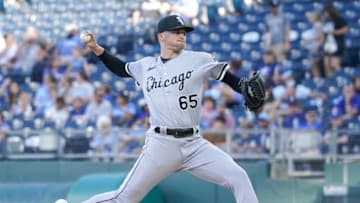 Aug 9, 2022; Kansas City, Missouri, USA; Chicago White Sox starting pitcher Davis Martin (65) delivers a pitch against the Kansas City Royals in the first inning at Kauffman Stadium. Mandatory Credit: Denny Medley-USA TODAY Sports