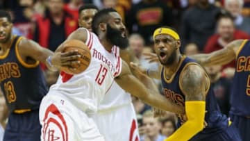 Mar 1, 2015; Houston, TX, USA; Houston Rockets guard James Harden (13) and Cleveland Cavaliers forward LeBron James (23) during the game at Toyota Center. Mandatory Credit: Troy Taormina-USA TODAY Sports