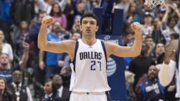 Jan 18, 2016; Dallas, TX, USA; Dallas Mavericks center Zaza Pachulia (27) celebrates during the second half of the game against the Boston Celtics at the American Airlines Center. The Mavericks defeat the Celtics 118-113 in overtime. Mandatory Credit: Jerome Miron-USA TODAY Sports