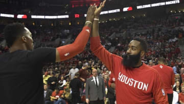 Feb 25, 2016; Portland, OR, USA; Houston Rockets center Dwight Howard (12) high fives Houston Rockets guard James Harden (13) before the game against the Portland Trail Blazers at the Moda Center at the Rose Quarter. Mandatory Credit: Steve Dykes-USA TODAY Sports