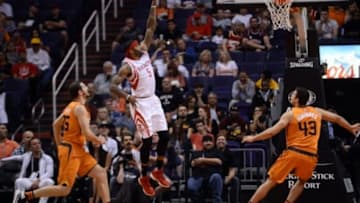 Feb 19, 2016; Phoenix, AZ, USA; Houston Rockets center Josh Smith (5) shoots against the Phoenix Suns during the first half at Talking Stick Resort Arena. Mandatory Credit: Joe Camporeale-USA TODAY Sports