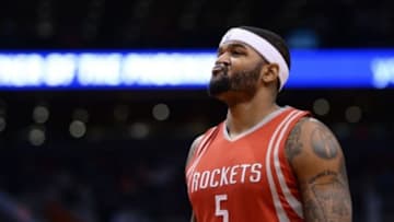 Feb 4, 2016; Phoenix, AZ, USA; Houston Rockets center Josh Smith (5) reacts on the court during the game against the Phoenix Suns at Talking Stick Resort Arena. Mandatory Credit: Jennifer Stewart-USA TODAY Sports