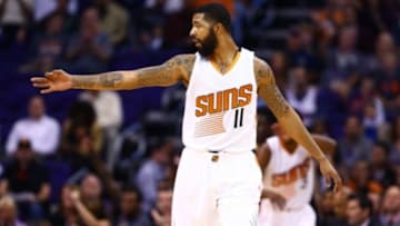 Nov 25, 2015; Phoenix, AZ, USA; Phoenix Suns forward Markieff Morris celebrates after a three pointer against the New Orleans Pelicans at Talking Stick Resort Arena. Mandatory Credit: Mark J. Rebilas-USA TODAY Sports