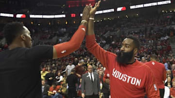 Feb 25, 2016; Portland, OR, USA; Houston Rockets center Dwight Howard (12) high fives Houston Rockets guard James Harden (13) before the game against the Portland Trail Blazers at the Moda Center at the Rose Quarter. Mandatory Credit: Steve Dykes-USA TODAY Sports