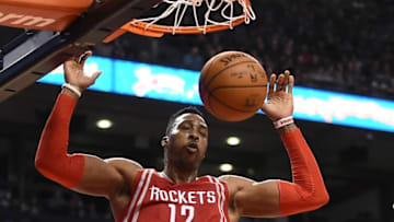 Mar 6, 2016; Toronto, Ontario, CAN; Houston Rockets center Dwight Howard (12) dunks the ball against Toronto Raptors in the second quarter at Air Canada Centre. Mandatory Credit: Dan Hamilton-USA TODAY Sports
