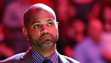 Mar 25, 2016; Houston, TX, USA; Houston Rockets head coach J.B. Bickerstaff looks on during player introductions prior to the game against the Toronto Raptors at Toyota Center. Mandatory Credit: Thomas B. Shea-USA TODAY Sports