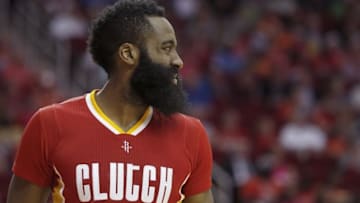 Mar 16, 2016; Houston, TX, USA; Houston Rockets guard James Harden (13) reacts after a foul was called on him while playing against the Los Angeles Clippers in the second half at Toyota Center. The Clippers won 122-106. Mandatory Credit: Thomas B. Shea-USA TODAY Sports