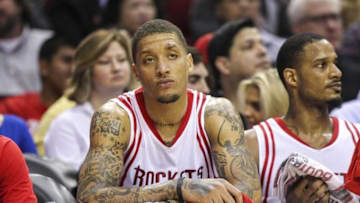 Mar 23, 2016; Houston, TX, USA; Houston Rockets forward Michael Beasley (8) sits on the bench during the third quarter against the Utah Jazz at Toyota Center. The Jazz won 89-87. Mandatory Credit: Troy Taormina-USA TODAY Sports