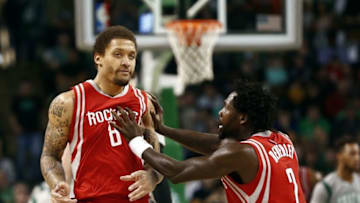 Mar 11, 2016; Boston, MA, USA; Houston Rockets forward Michael Beasley (left) and guard Patrick Beverley (2) celebrate against the Boston Celtics during the second half at TD Garden. Mandatory Credit: Mark L. Baer-USA TODAY Sports