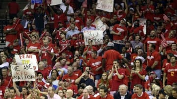 May 23, 2015; Houston, TX, USA; Houston Rockets fans during the first half against the Golden State Warriors in game three of the Western Conference Finals of the NBA Playoffs at Toyota Center. Mandatory Credit: Troy Taormina-USA TODAY Sports
