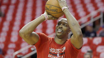 Apr 24, 2016; Houston, TX, USA; Houston Rockets center Dwight Howard (12) warms up before playing against the Golden State Warriors in game four of the first round of the NBA Playoffs at Toyota Center. Mandatory Credit: Thomas B. Shea-USA TODAY Sports