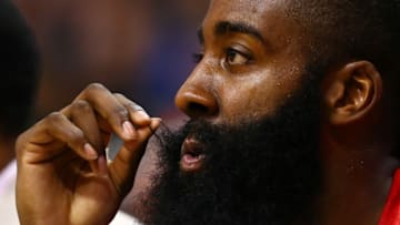 Jan 23, 2015; Phoenix, AZ, USA; Houston Rockets guard James Harden pulls on his beard on the bench against the Phoenix Suns at US Airways Center. The Rockets defeated the Suns 113-111. Mandatory Credit: Mark J. Rebilas-USA TODAY Sports