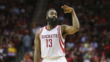 Apr 7, 2016; Houston, TX, USA; Houston Rockets guard James Harden (13) celebrates after scoring during the third quarter against the Phoenix Suns at Toyota Center. Mandatory Credit: Troy Taormina-USA TODAY Sports