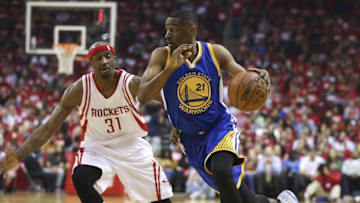Apr 21, 2016; Houston, TX, USA; Golden State Warriors guard Ian Clark (21) dribbles the ball as Houston Rockets guard Jason Terry (31) defends during the second quarter in game three of the first round of the NBA Playoffs at Toyota Center. Mandatory Credit: Troy Taormina-USA TODAY Sports