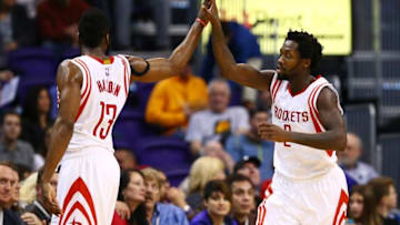 Jan 23, 2015; Phoenix, AZ, USA; Houston Rockets guard Patrick Beverley (right) celebrates a play with James Harden against the Phoenix Suns at US Airways Center. Mandatory Credit: Mark J. Rebilas-USA TODAY Sports
