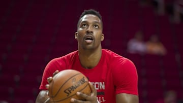 Apr 10, 2016; Houston, TX, USA; Houston Rockets center Dwight Howard (12) warms up before the game against the Los Angeles Lakers at the Toyota Center. Mandatory Credit: Jerome Miron-USA TODAY Sports