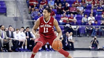 Mar 5, 2016; Fort Worth, TX, USA; Oklahoma Sooners guard Isaiah Cousins (11) dribbles during the game against the TCU Horned Frogs at Ed and Rae Schollmaier Arena. Mandatory Credit: Kevin Jairaj-USA TODAY Sports