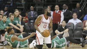 Nov 16, 2015; Houston, TX, USA; Houston Rockets guard James Harden (13) looks for a pass against the Boston Celtics in the first quarter at Toyota Center. Mandatory Credit: Thomas B. Shea-USA TODAY Sports