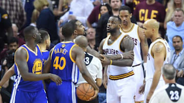 Jun 10, 2016; Cleveland, OH, USA; Cleveland Cavaliers forward LeBron James (23) exchanges word during the fourth quarter in game four of the NBA Finals against the Golden State Warriors at Quicken Loans Arena. Mandatory Credit: Ken Blaze-USA TODAY Sports