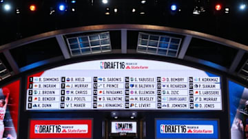 Jun 23, 2016; New York, NY, USA; A general view of a video board displaying all thirty draft picks in the first round of the 2016 NBA Draft at Barclays Center. Mandatory Credit: Jerry Lai-USA TODAY Sports