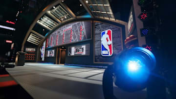 Jun 25, 2015; Brooklyn, NY, USA; General view of the stage before the start of the 2015 NBA Draft at Barclays Center. Mandatory Credit: Brad Penner-USA TODAY Sports