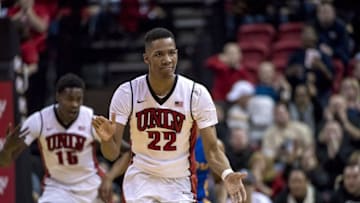 Feb 10, 2016; Las Vegas, NV, USA; UNLV Rebels guard Patrick McCaw (22) reacts after making a three point shot against the San Jose State Spartans during the second half at Thomas & Mack Center. UNLV won 64-61. Mandatory Credit: Joshua Dahl-USA TODAY Sports