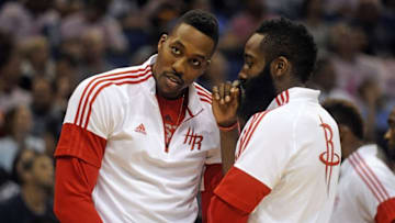 Oct 22, 2014; Orlando, FL, USA; Houston Rockets center Dwight Howard, left, talks with guard James Harden during a timeout as the Rockets beat the Orlando Magic 90-89 at Amway Center. Mandatory Credit: David Manning-USA TODAY Sports