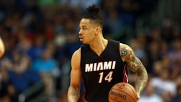Apr 8, 2016; Orlando, FL, USA; Miami Heat forward Gerald Green (14) drives to the basket against the Orlando Magic during the first half at Amway Center. Mandatory Credit: Kim Klement-USA TODAY Sports