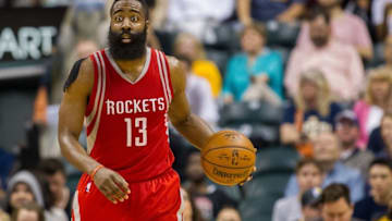 Mar 27, 2016; Indianapolis, IN, USA; Houston Rockets guard James Harden (13) dribbles the ball in the second half of the game against the Indiana Pacers at Bankers Life Fieldhouse. The Indiana Pacers beat the Houston Rockets by the score of 104-101. Mandatory Credit: Trevor Ruszkowski-USA TODAY Sports