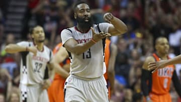 Apr 3, 2016; Houston, TX, USA; Houston Rockets guard James Harden (13) celebrates after scoring a basket during the third quarter against the Oklahoma City Thunder at Toyota Center. The Rockets won 118-110. Mandatory Credit: Troy Taormina-USA TODAY Sports
