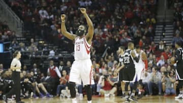 Dec 5, 2015; Houston, TX, USA; Houston Rockets guard James Harden (13) reacts after the Rocker scored against the Sacramento Kings in the second half at Toyota Center. Rockets won 120-111. Mandatory Credit: Thomas B. Shea-USA TODAY Sports
