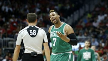 Apr 19, 2016; Atlanta, GA, USA; Boston Celtics center Jared Sullinger (7) reacts to a call by referee Josh Tiven (58) in the third quarter of their game against the Atlanta Hawks in game two of the first round of the NBA Playoffs at Philips Arena. The Hawks won 89-72. Mandatory Credit: Jason Getz-USA TODAY Sports