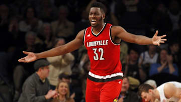 Jan 23, 2016; Atlanta, GA, USA; Louisville Cardinals center Chinanu Onuaku (32) reacts to a referee against the Georgia Tech Yellow Jackets in the second half at McCamish Pavilion. Louisville defeated Georgia Tech 75-71. Mandatory Credit: Brett Davis-USA TODAY Sports