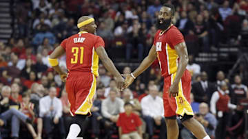 Jan 7, 2016; Houston, TX, USA; Houston Rockets guard Jason Terry (31) and guard James Harden (13) low five each other while playing against the Utah Jazz in the second half at Toyota Center. Rockets won 103 to 94. Mandatory Credit: Thomas B. Shea-USA TODAY Sports