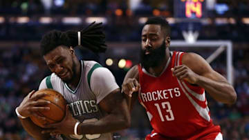 Mar 11, 2016; Boston, MA, USA; Boston Celtics forward Jae Crowder (99) drives to the hoop against Houston Rockets guard James Harden (13) during the second half at TD Garden. Mandatory Credit: Mark L. Baer-USA TODAY Sports