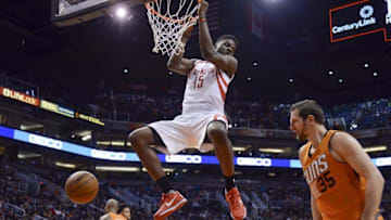 Feb 19, 2016; Phoenix, AZ, USA; Houston Rockets forward Clint Capela (15) dunks against the Phoenix Suns during the second half at Talking Stick Resort Arena. The Rockets won 116-100. Mandatory Credit: Joe Camporeale-USA TODAY Sports