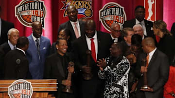 Sep 09, 2016; Springfield, MA, USA; Shaquille O Neal (center) and Allen Iverson on stage at the Springfield Symphony Hall after the 2016 Naismith Memorial Basketball Hall of Fame Enshrinement Ceremony. Mandatory Credit: David Butler II-USA TODAY Sports