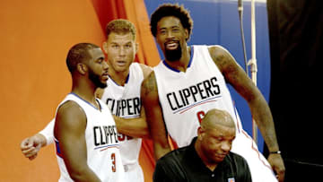 Sep 25, 2015; Los Angeles, CA, USA; Los Angeles Clippers guard Chris Paul (3), forward Blake Griffin (32), center DeAndre Jordan (6) and head coach Doc Rivers during media day at the Clipper Training Facility in Playa Vista. Mandatory Credit: Jayne Kamin-Oncea-USA TODAY Sports