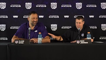 May 10, 2016; Sacramento, CA, USA; Sacramento Kings head coach Dave Joerger speaks with vice president of basketball operations and general manager Vlade Divac during a press conference at the Sacramento Kings XC (Experience Center). Mandatory Credit: Kelley L Cox-USA TODAY Sports