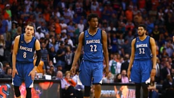 Mar 14, 2016; Phoenix, AZ, USA; Minnesota Timberwolves guard Zach LaVine (8), center Karl-Anthony Towns (32) and guard Andrew Wiggins (22) against the Phoenix Suns at Talking Stick Resort Arena. The Suns defeated the Timberwolves 107-104. Mandatory Credit: Mark J. Rebilas-USA TODAY Sports