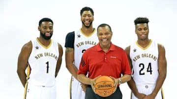 Sep 23, 2016; New Orleans, LA, USA; (editors note: caption correction) New Orleans Pelicans forward Anthony Davis (23) and guard Buddy Hield (24) and guard Tyreke Evans (1) and head coach Alvin Gentry pose for a portrait with head coach Alvin Gentry during media day at the Smoothie King Center. Mandatory Credit: Derick E. Hingle-USA TODAY Sports