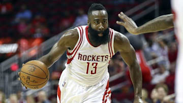 Oct 4, 2016; Houston, TX, USA; Houston Rockets guard James Harden (13) dribbles the ball during the first quarter against the New York Knicks at Toyota Center. Mandatory Credit: Troy Taormina-USA TODAY Sports