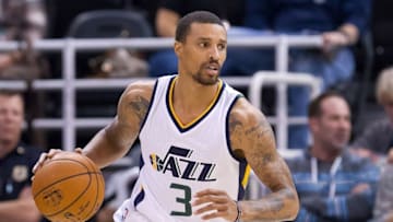 Oct 17, 2016; Salt Lake City, UT, USA; Utah Jazz guard George Hill (3) dribbles the ball during the first half against the Los Angeles Clippers at Vivint Smart Home Arena. Mandatory Credit: Russ Isabella-USA TODAY Sports