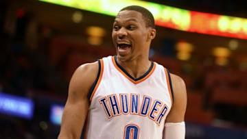 Oct 18, 2016; Oklahoma City, OK, USA; Oklahoma City Thunder guard Russell Westbrook (0) reacts to a play against the Denver Nuggets during the second quarter at Chesapeake Energy Arena. Mandatory Credit: Mark D. Smith-USA TODAY Sports