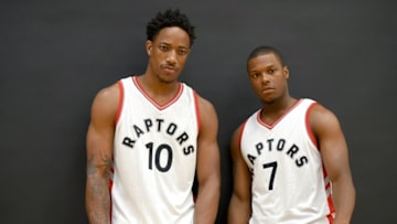 Sep 26, 2016; Toronto, Ontario, Canada; Toronto Raptors guards DeMar DeRozan and Kyle Lowry (7) pose for pictures on media day at BioSteel Centre. Mandatory Credit: Dan Hamilton-USA TODAY Sports