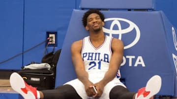 Sep 26, 2016; Philadelphia, PA, USA; Philadelphia 76ers center Joel Embiid (21) takes a break during media day at the Philadelphia 76ers Training Complex. Mandatory Credit: Bill Streicher-USA TODAY Sports