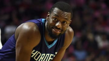 Oct 17, 2016; Chicago, IL, USA; Charlotte Hornets guard Kemba Walker (15) smiles during the second half of a game against the Chicago Bulls at the United Center. The Hornets won 108-104 in overtime. Mandatory Credit: David Banks-USA TODAY Sports